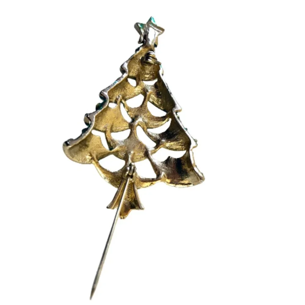 Vintage Christmas Tree Brooch Green Enamel Clear Rhinestones See Thru Cut-Outs